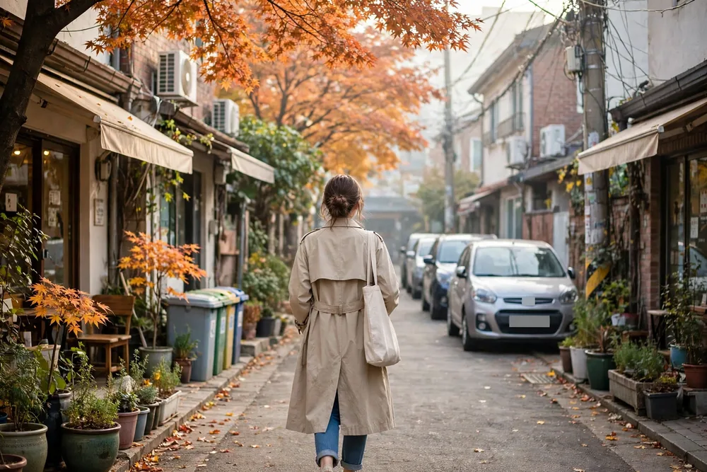 延南洞の住宅街の路地。静かな午前を歩く。
