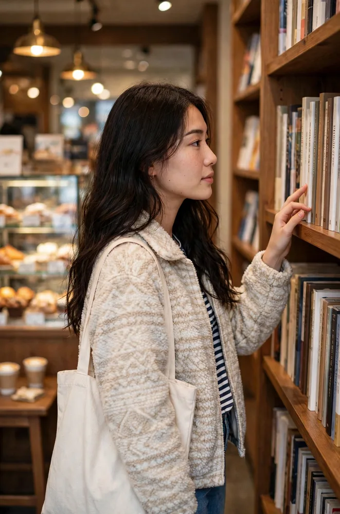 書店カフェにて。秋冬の買い物の基準は「日本に帰っても着られるかどうか」。