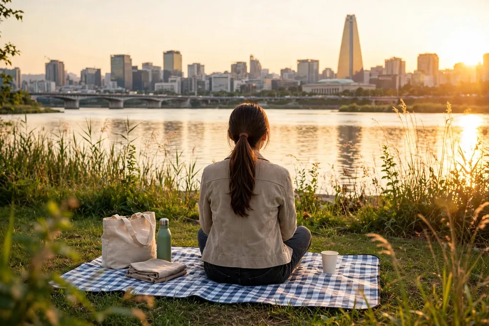 汝矣島の漢江公園。夕方の光の中、川を見て過ごす午後。