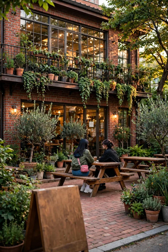 延南洞のカフェ、MARGARET。緑に囲まれたテラス席。
