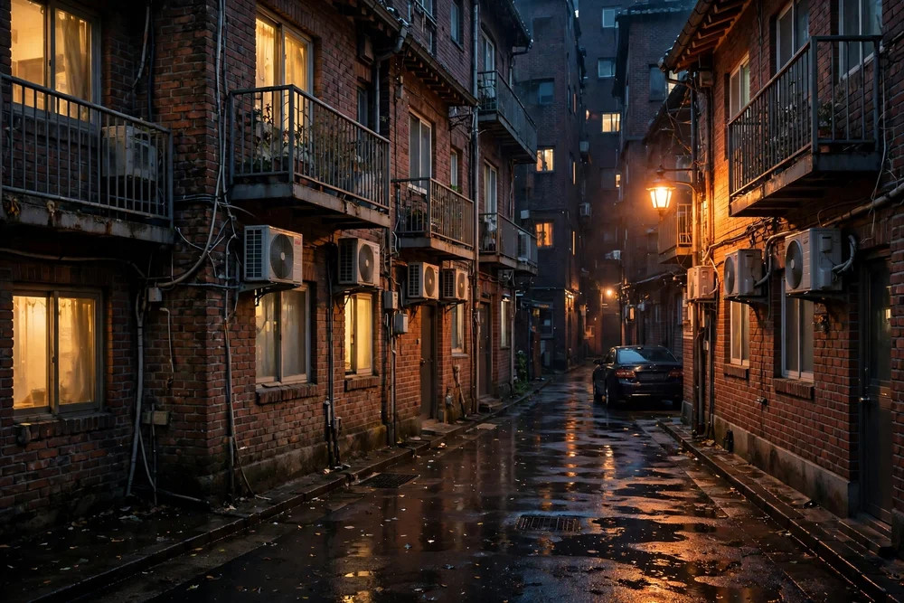 夜の暗い路地の多世帯住宅